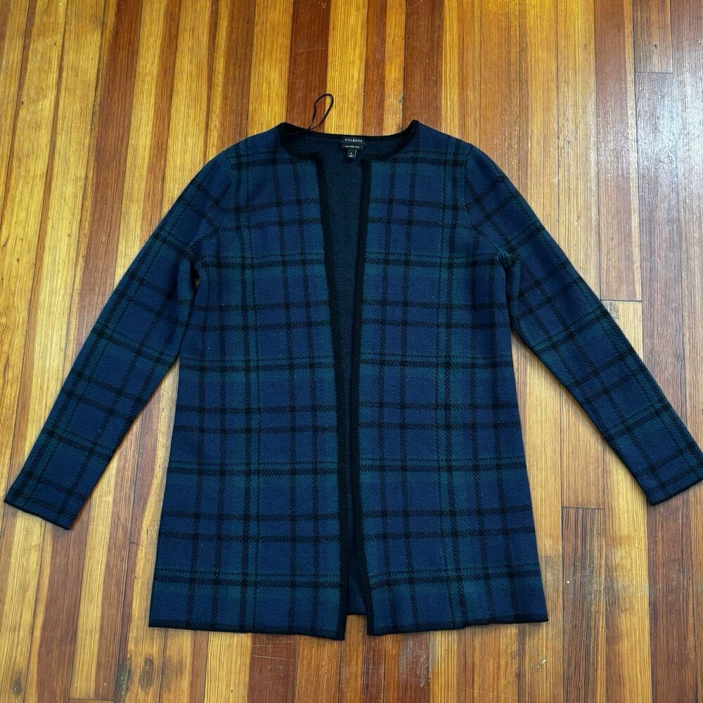 Talbots Pure Merino Wool Plaid Open Front Cardigan Size Large Old Money